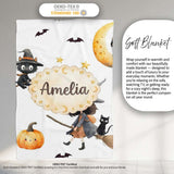 Halloween Witch Girl with Black Cats Moon and Stars Greys Lovely  Personalised Custom Name Super Soft Fleece Blanket Bed Sofa Throw