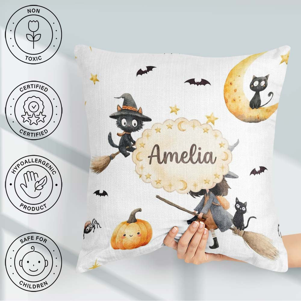 Custom Name Halloween Witch Girl with Black Cats and Stars Greys Square Filled Cushion Throw Pillow Sofa Bed Home Decor Zip Washable UK Made