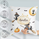 Custom Name Halloween Witch Girl with Black Cats and Stars Greys Square Filled Cushion Throw Pillow Sofa Bed Home Decor Zip Washable UK Made