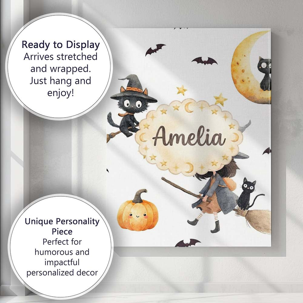 Personalised Name Halloween Witch Girl with Custom  Bespoke Interior Contemporary Canvas Wall Art Print Decor Picture Ready to Hang