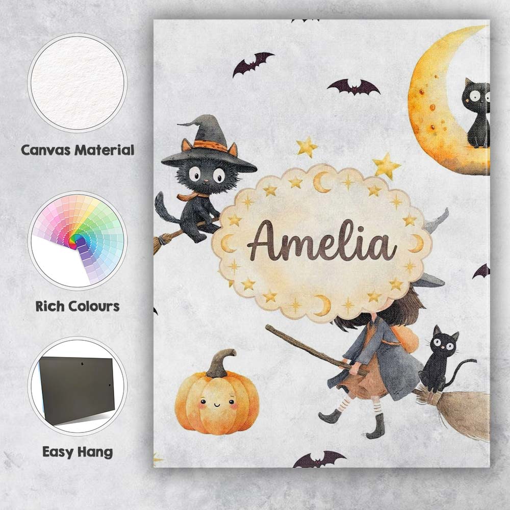 Personalised Name Halloween Witch Girl with Custom  Bespoke Interior Contemporary Canvas Wall Art Print Decor Picture Ready to Hang