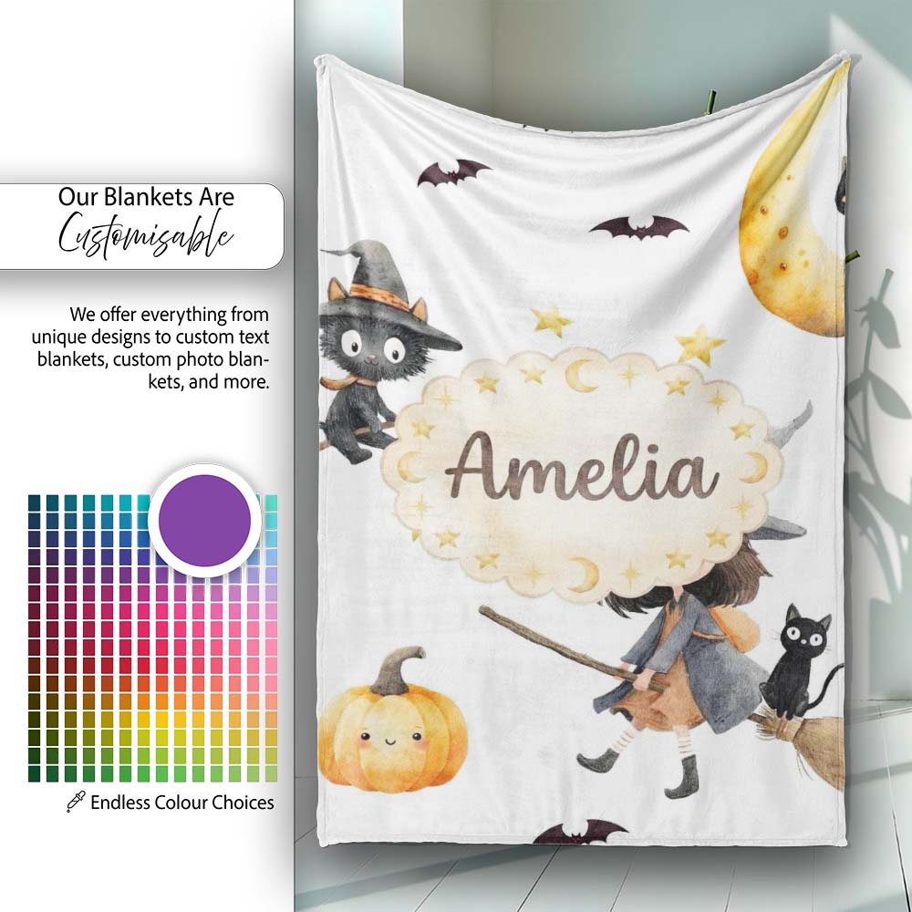 Halloween Witch Girl with Black Cats Moon and Stars Greys Lovely  Personalised Custom Name Super Soft Fleece Blanket Bed Sofa Throw