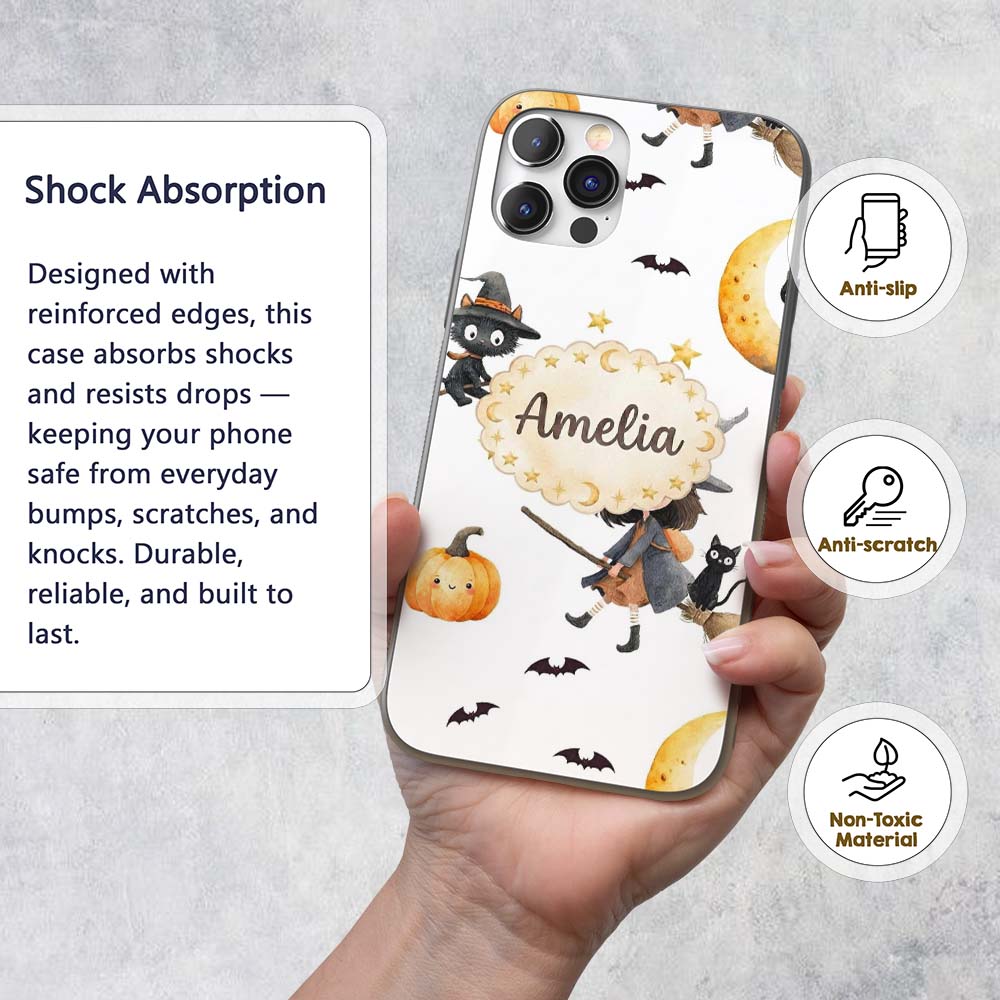Halloween Witch Girl with Black Cats Moon and Custom Name Protective Phone Case Mobile Cover Durable Everyday Smartphone Shock Resistant
