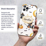 Halloween Witch Girl with Black Cats Moon and Custom Name Protective Phone Case Mobile Cover Durable Everyday Smartphone Shock Resistant