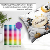 Custom Name Halloween Witch Girl with Black Cats and Stars Greys Square Filled Cushion Throw Pillow Sofa Bed Home Decor Zip Washable UK Made