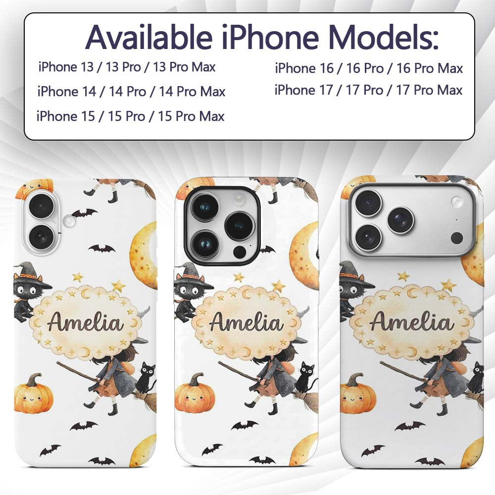 Halloween Witch Girl with Black Cats Moon and Custom Name Protective Phone Case Mobile Cover Durable Everyday Smartphone Shock Resistant
