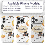 Halloween Witch Girl with Black Cats Moon and Custom Name Protective Phone Case Mobile Cover Durable Everyday Smartphone Shock Resistant