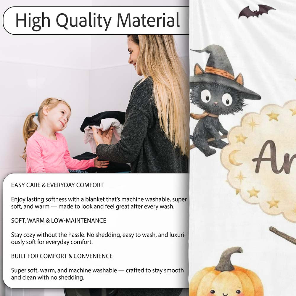 Halloween Witch Girl with Black Cats Moon and Stars Greys Lovely  Personalised Custom Name Super Soft Fleece Blanket Bed Sofa Throw