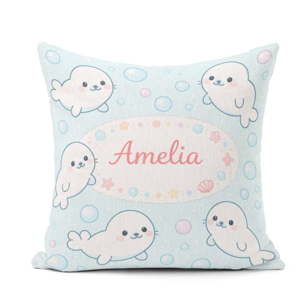 Custom Name Kawaii Seal Cartoon Animal Ocean Pattern Everyday Square Filled Cushion Throw Pillow Sofa Bed Home Decor Zip Washable UK Made