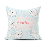 Custom Name Kawaii Seal Cartoon Animal Ocean Pattern Everyday Square Filled Cushion Throw Pillow Sofa Bed Home Decor Zip Washable UK Made