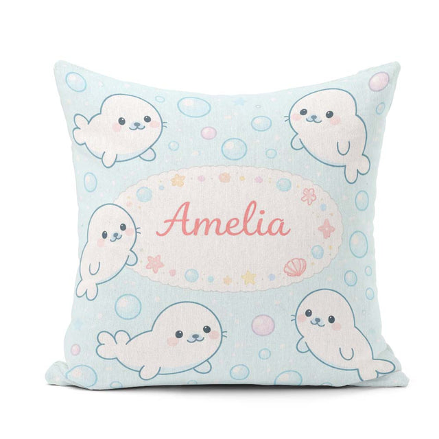 Custom Name Kawaii Seal Cartoon Animal Ocean Pattern Everyday Square Filled Cushion Throw Pillow Sofa Bed Home Decor Zip Washable UK Made