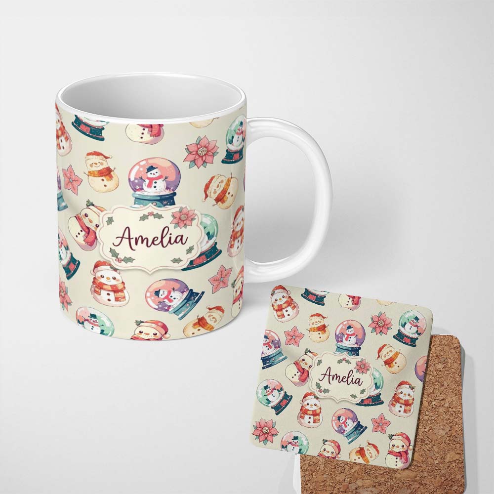 Personalized Custom Name Cute Snowman Snow Globe Poinsettia Flower Christmas Pattern Cream 11oz Ceramic Coffee Tea Mug White Large Handle