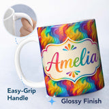 Personalized Custom Name Pastel Rainbow Diagonal Brush Texture Seamless Pattern Lovely 11oz Ceramic Coffee Tea Mug White Large Handle