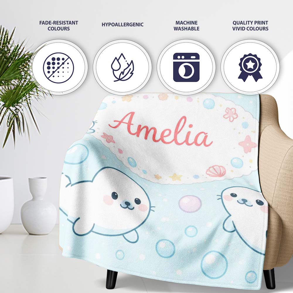 Cute Kawaii Seal Cartoon Animal Ocean Pattern Stylish Everyday   Personalised Custom Name Super Soft Fleece Blanket Bed Sofa Throw