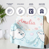 Cute Kawaii Seal Cartoon Animal Ocean Pattern Stylish Everyday   Personalised Custom Name Super Soft Fleece Blanket Bed Sofa Throw