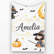 Halloween Witch Girl with Black Cats Moon and Stars Light Grey  Personalised Custom Name Super Soft Fleece Blanket Bed Sofa Throw