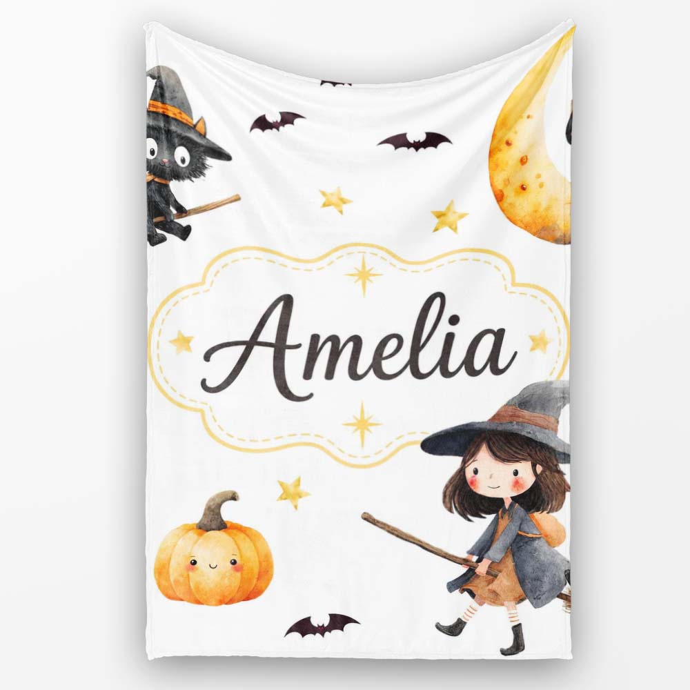 Halloween Witch Girl with Black Cats Moon and Stars Light Grey  Personalised Custom Name Super Soft Fleece Blanket Bed Sofa Throw