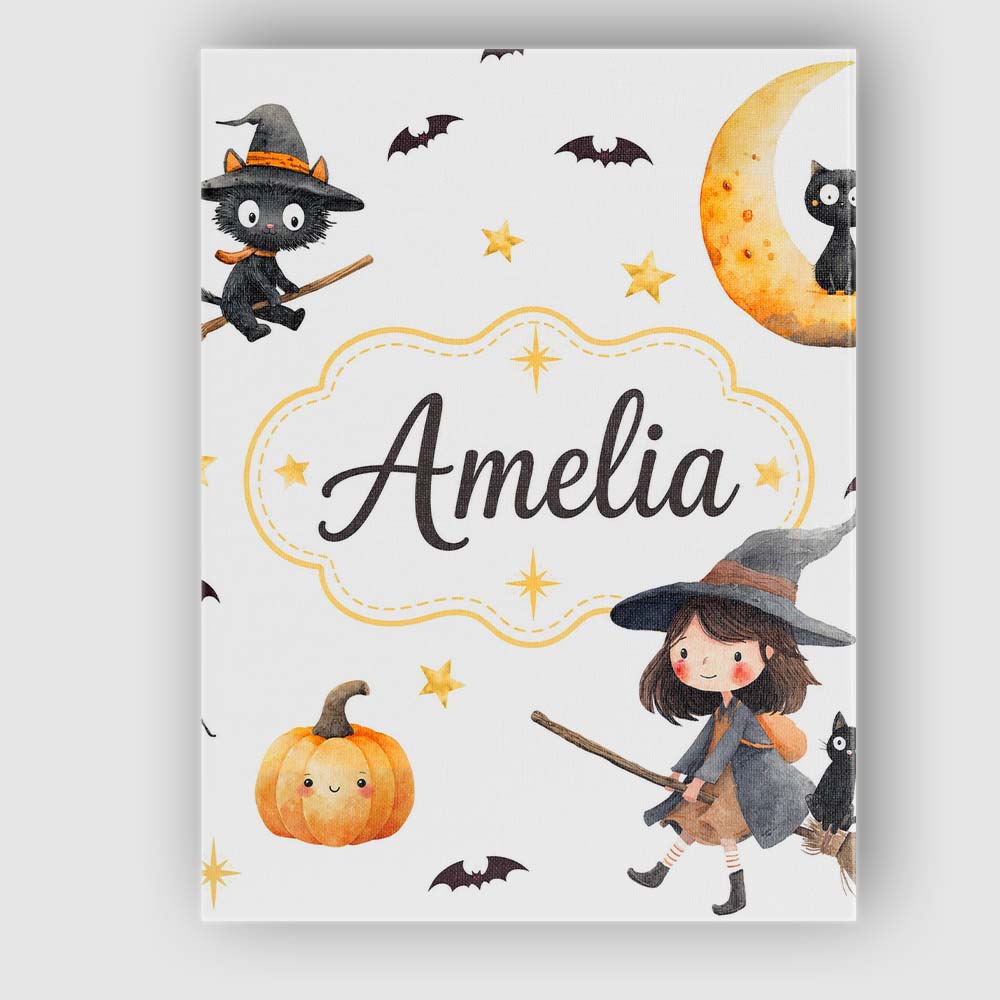 Personalised Name Halloween Witch Girl with Custom  Bespoke Interior Contemporary Canvas Wall Art Print Decor Picture Ready to Hang
