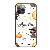 Halloween Witch Girl with Black Cats Moon and Custom Name Protective Phone Case Mobile Cover Durable Everyday Smartphone Shock Resistant
