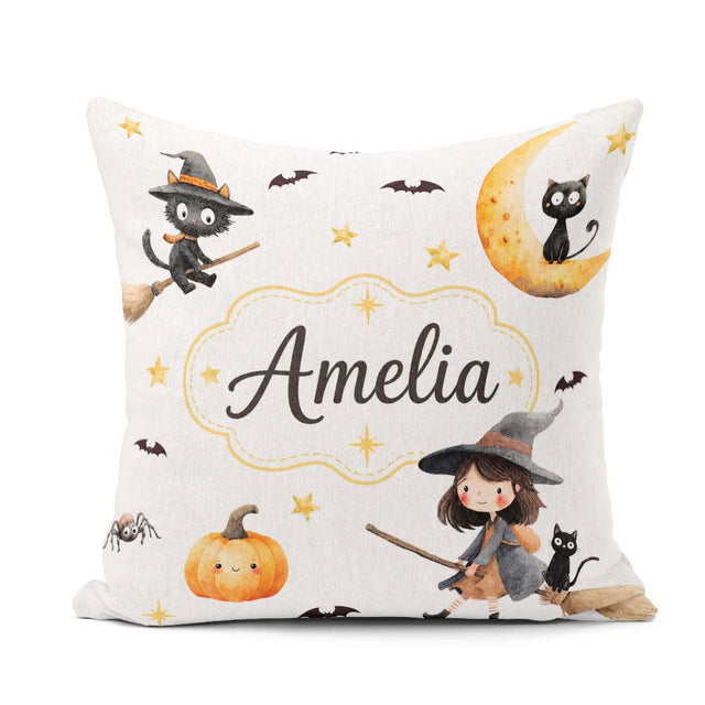 Custom Name Witch Girl with Black Cats Moon and Stars Light Grey Square Filled Cushion Throw Pillow Sofa Bed Home Decor Zip Washable UK Made