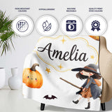 Halloween Witch Girl with Black Cats Moon and Stars Light Grey  Personalised Custom Name Super Soft Fleece Blanket Bed Sofa Throw