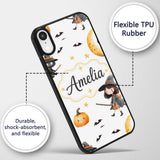 Halloween Witch Girl with Black Cats Moon and Custom Name Protective Phone Case Mobile Cover Durable Everyday Smartphone Shock Resistant