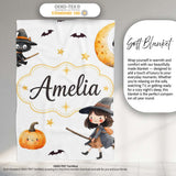 Halloween Witch Girl with Black Cats Moon and Stars Light Grey  Personalised Custom Name Super Soft Fleece Blanket Bed Sofa Throw