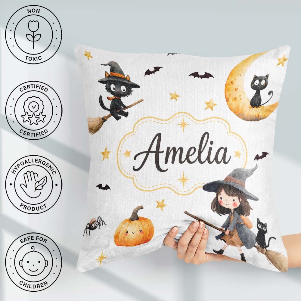 Custom Name Witch Girl with Black Cats Moon and Stars Light Grey Square Filled Cushion Throw Pillow Sofa Bed Home Decor Zip Washable UK Made