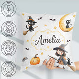 Custom Name Witch Girl with Black Cats Moon and Stars Light Grey Square Filled Cushion Throw Pillow Sofa Bed Home Decor Zip Washable UK Made