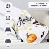 Halloween Witch Girl with Black Cats Moon and Stars Light Grey  Personalised Custom Name Super Soft Fleece Blanket Bed Sofa Throw
