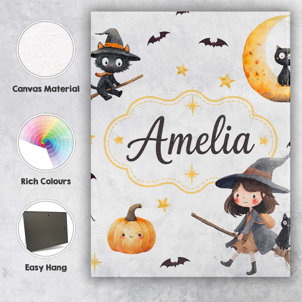 Personalised Name Halloween Witch Girl with Custom  Bespoke Interior Contemporary Canvas Wall Art Print Decor Picture Ready to Hang