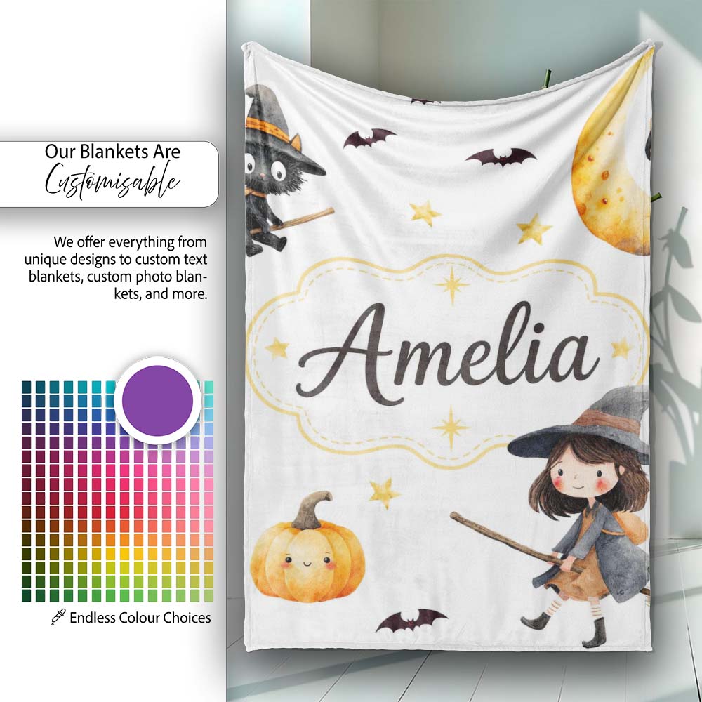 Halloween Witch Girl with Black Cats Moon and Stars Light Grey  Personalised Custom Name Super Soft Fleece Blanket Bed Sofa Throw