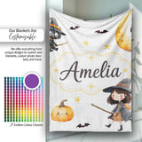 Halloween Witch Girl with Black Cats Moon and Stars Light Grey  Personalised Custom Name Super Soft Fleece Blanket Bed Sofa Throw