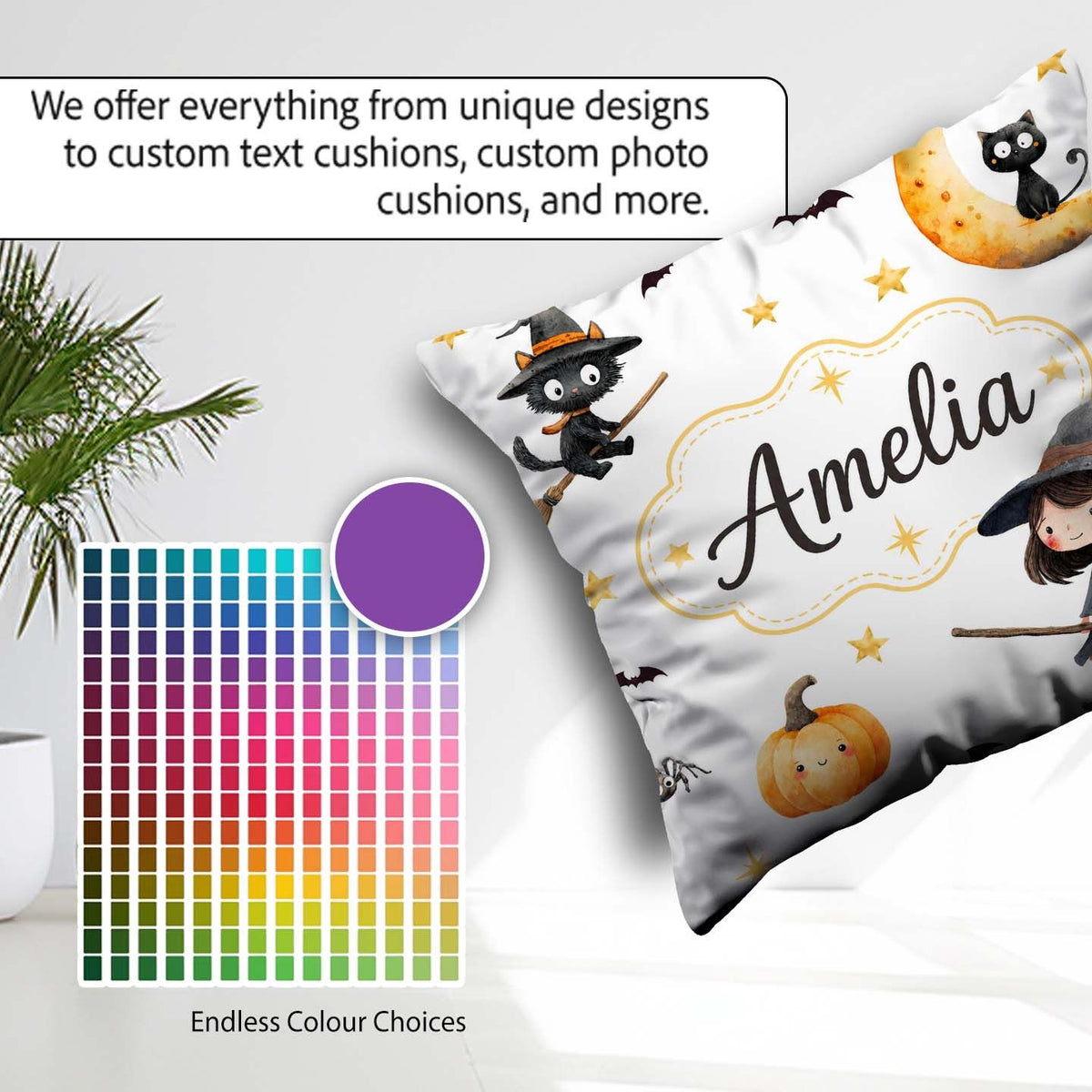 Custom Name Witch Girl with Black Cats Moon and Stars Light Grey Square Filled Cushion Throw Pillow Sofa Bed Home Decor Zip Washable UK Made