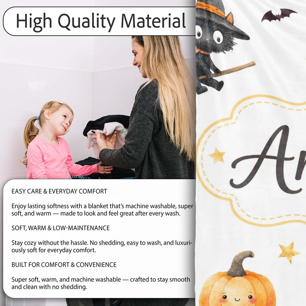 Halloween Witch Girl with Black Cats Moon and Stars Light Grey  Personalised Custom Name Super Soft Fleece Blanket Bed Sofa Throw