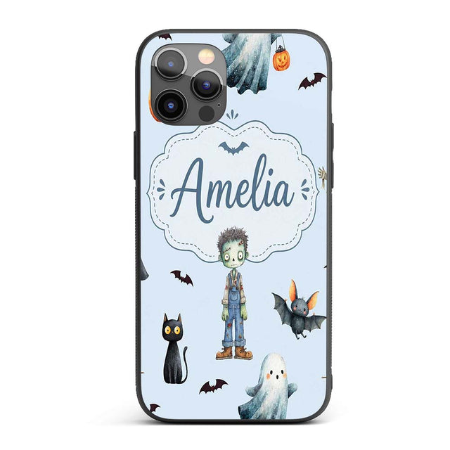 Halloween Zombie Mummy Vampire and Bat Characters Custom Name Protective Phone Case Mobile Cover Durable Everyday Smartphone Shock Resistant