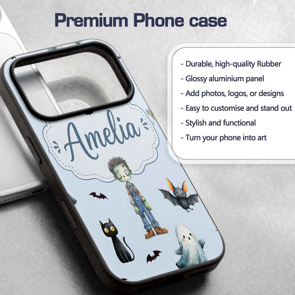 Halloween Zombie Mummy Vampire and Bat Characters Custom Name Protective Phone Case Mobile Cover Durable Everyday Smartphone Shock Resistant