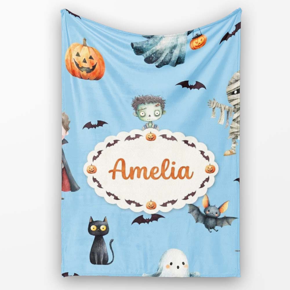 Halloween Zombie Mummy Vampire and Bat Characters Bright Blue Lovely  Personalised Custom Name Super Soft Fleece Blanket Bed Sofa Throw
