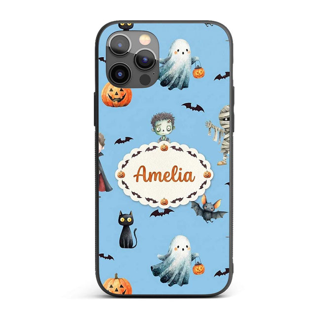 Halloween Zombie Mummy Vampire and Bat Characters Custom Name Protective Phone Case Mobile Cover Durable Everyday Smartphone Shock Resistant