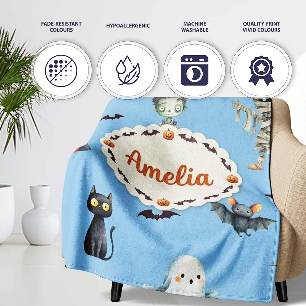 Halloween Zombie Mummy Vampire and Bat Characters Bright Blue Lovely  Personalised Custom Name Super Soft Fleece Blanket Bed Sofa Throw