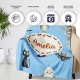 Halloween Zombie Mummy Vampire and Bat Characters Bright Blue Lovely  Personalised Custom Name Super Soft Fleece Blanket Bed Sofa Throw