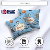 Custom Name Zombie Mummy Vampire and Bat Characters Bright Blue Square Filled Cushion Throw Pillow Sofa Bed Home Decor Zip Washable UK Made