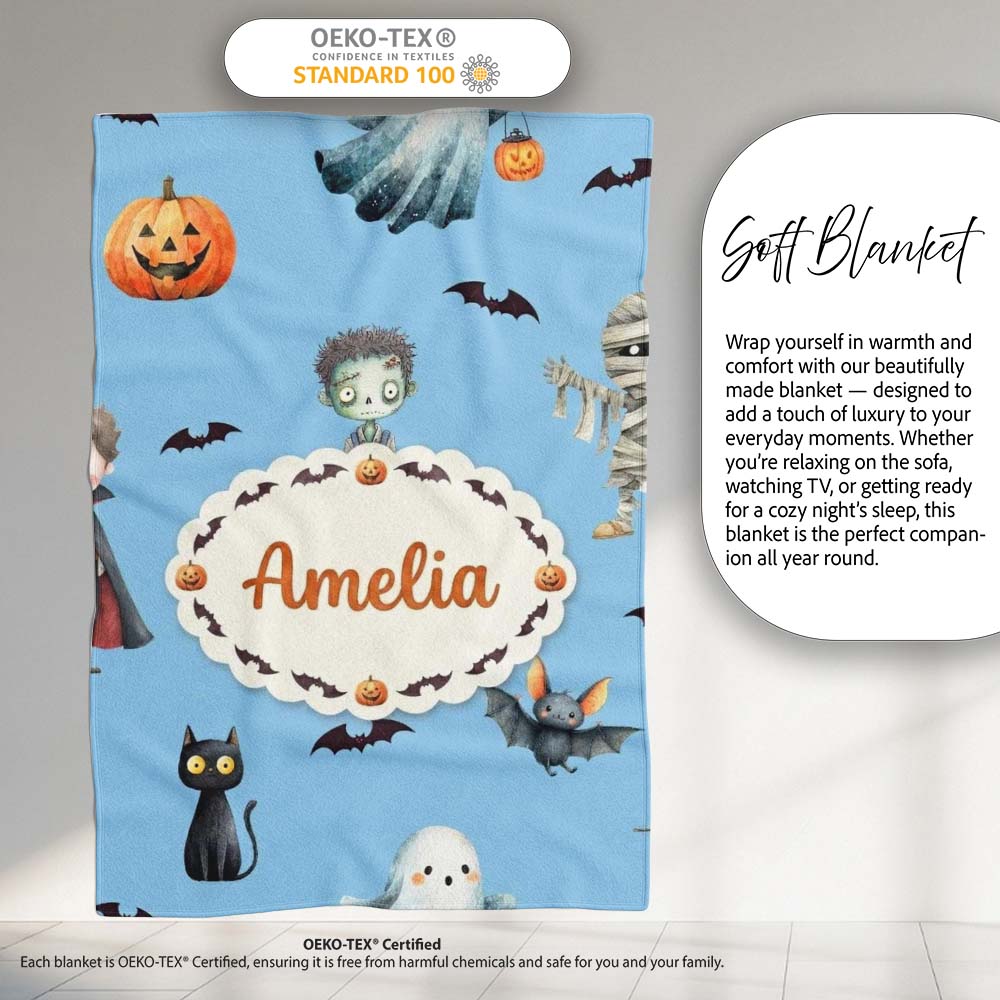 Halloween Zombie Mummy Vampire and Bat Characters Bright Blue Lovely  Personalised Custom Name Super Soft Fleece Blanket Bed Sofa Throw