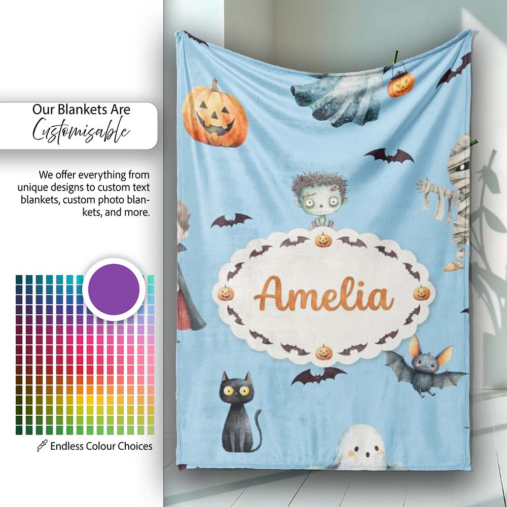 Halloween Zombie Mummy Vampire and Bat Characters Bright Blue Lovely  Personalised Custom Name Super Soft Fleece Blanket Bed Sofa Throw