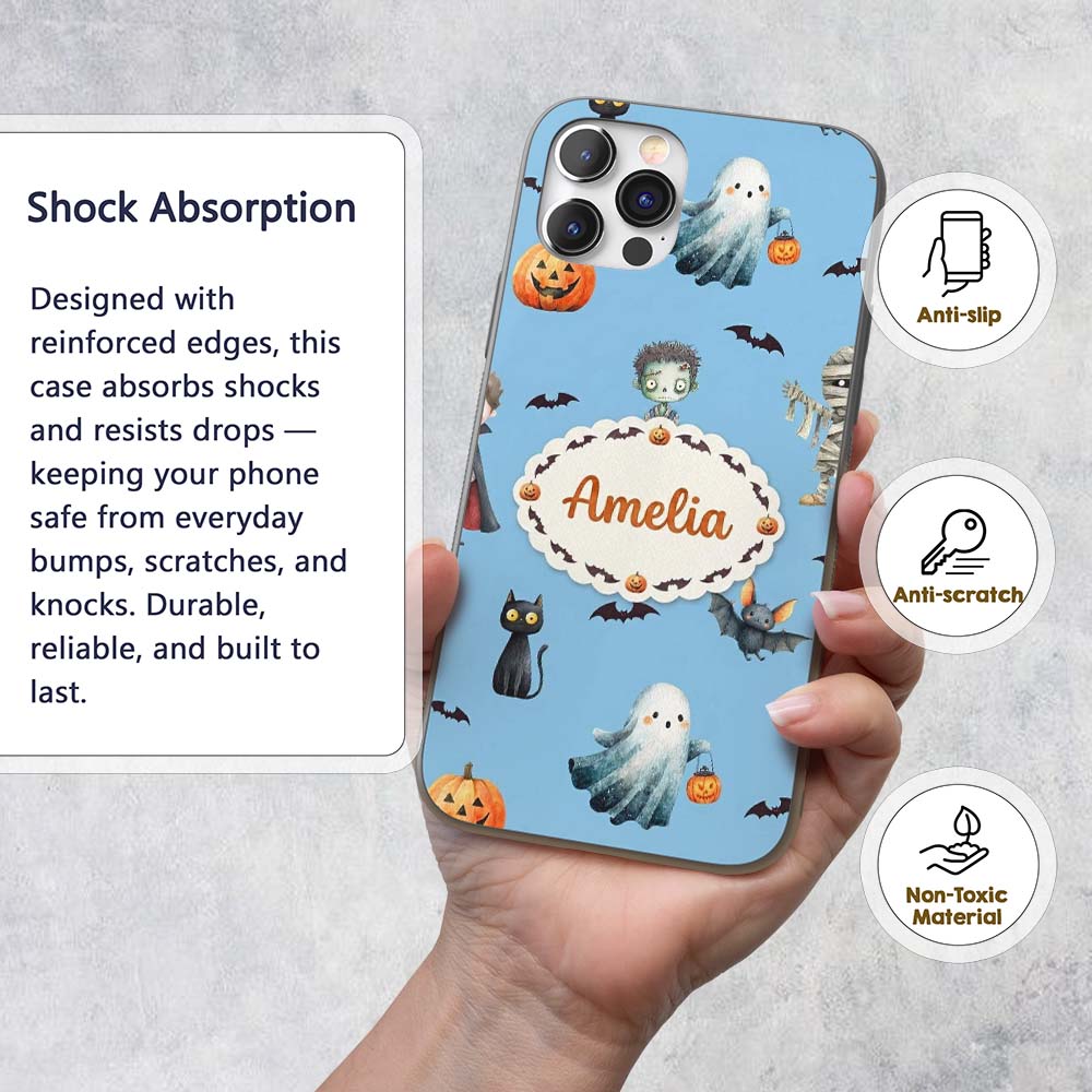 Halloween Zombie Mummy Vampire and Bat Characters Custom Name Protective Phone Case Mobile Cover Durable Everyday Smartphone Shock Resistant