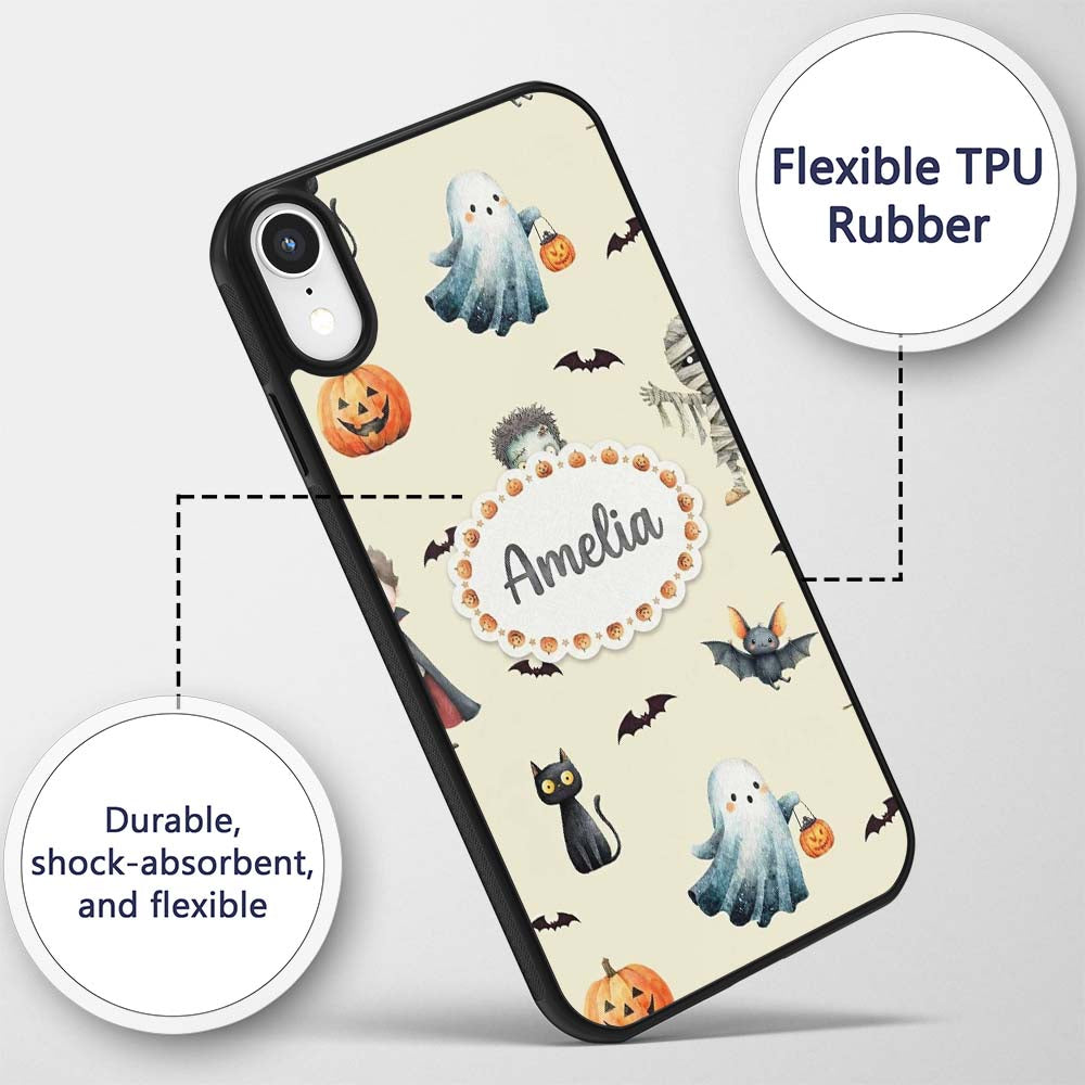 Halloween Zombie Mummy Vampire and Bat Characters Custom Name Protective Phone Case Mobile Cover Durable Everyday Smartphone Shock Resistant