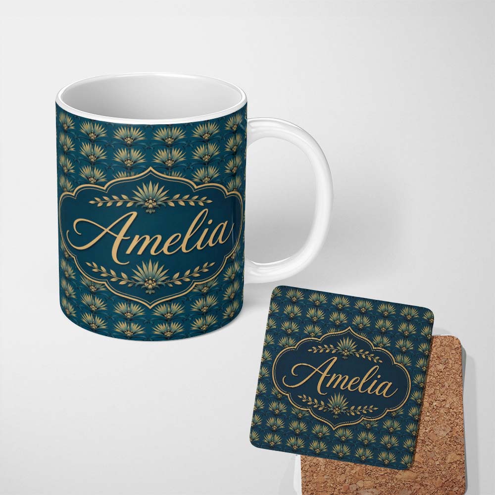 Personalized Custom Name Art Deco Gold and Teal Floral Fan Seamless Pattern Cute Unique Gift 11oz Ceramic Coffee Tea Mug White Large Handle