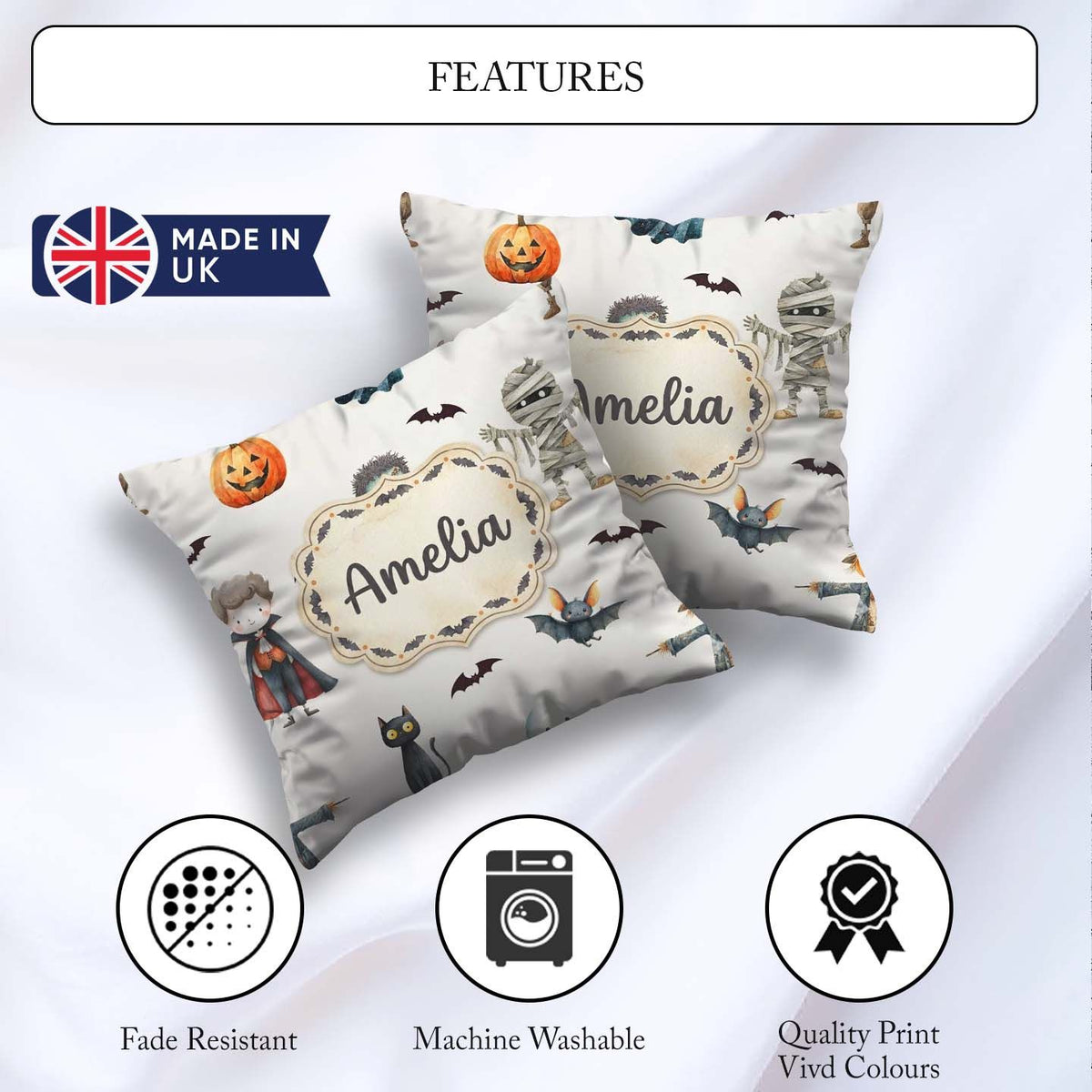 Custom Name Halloween Zombie Mummy and Bat Characters Light Grey Square Filled Cushion Throw Pillow Sofa Bed Home Decor Zip Washable UK Made