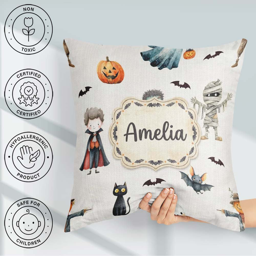 Custom Name Halloween Zombie Mummy and Bat Characters Light Grey Square Filled Cushion Throw Pillow Sofa Bed Home Decor Zip Washable UK Made