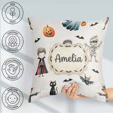 Custom Name Halloween Zombie Mummy and Bat Characters Light Grey Square Filled Cushion Throw Pillow Sofa Bed Home Decor Zip Washable UK Made